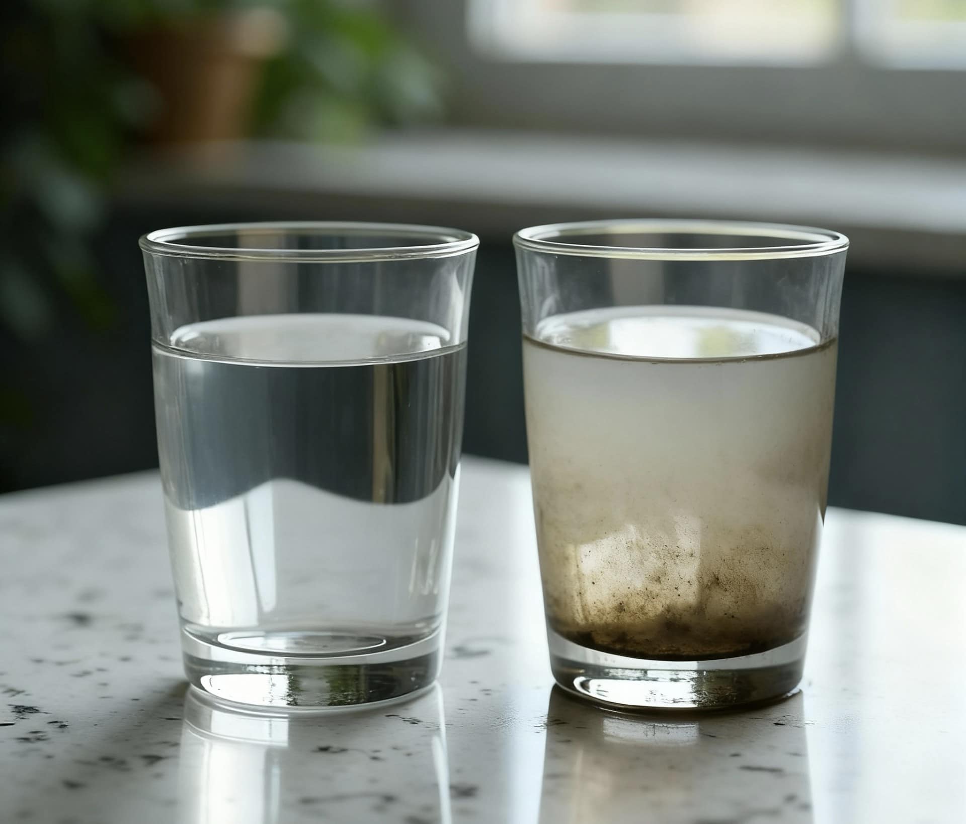 Before and after water comparison - iron-contaminated brown water versus clean treated water by Cesare's Quality Water Solutions