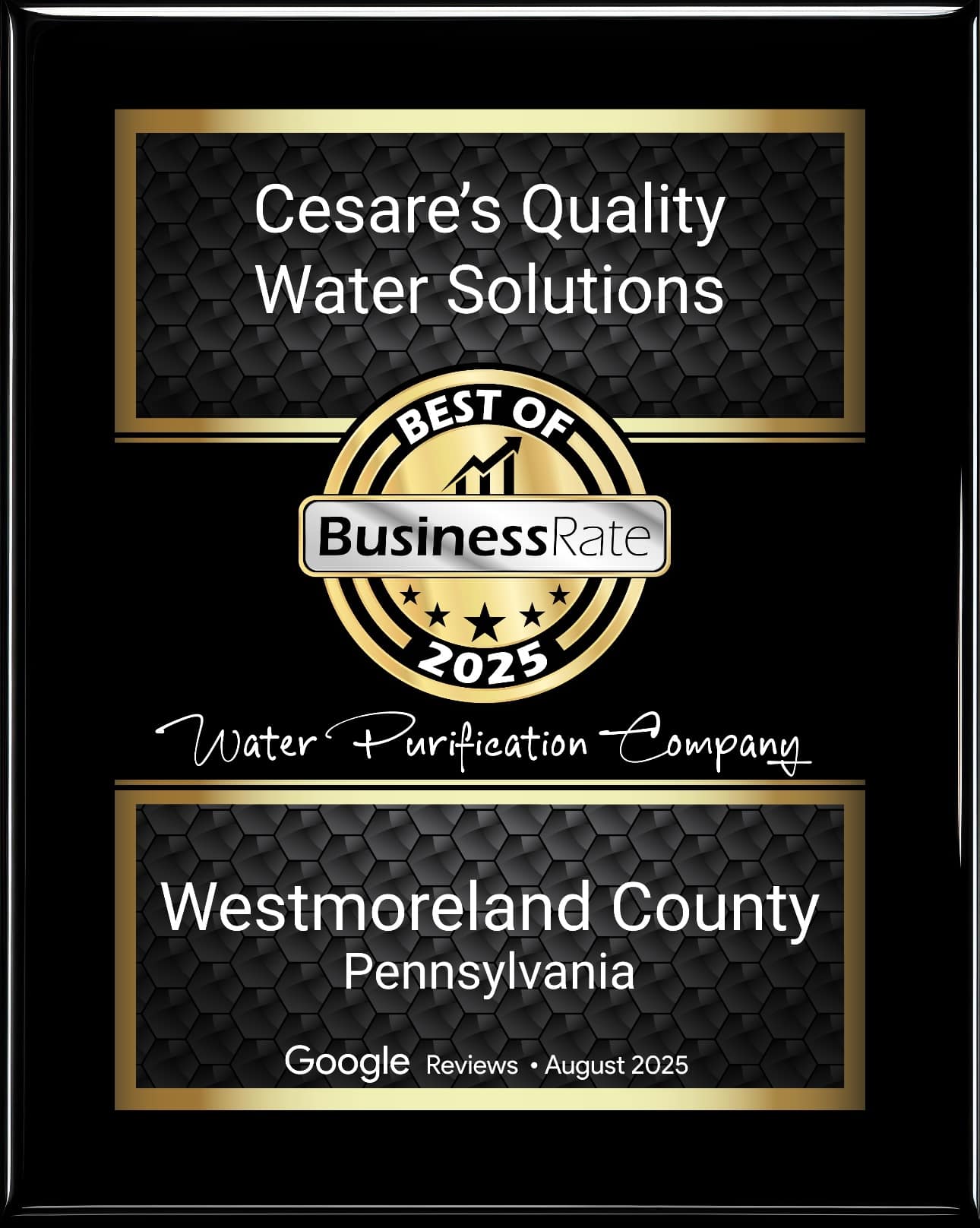 BusinessRate Award — Cesare's Quality Water Solutions